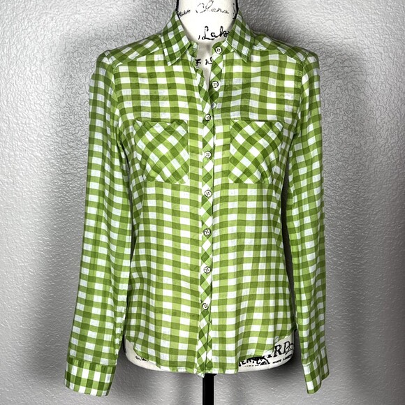 Olivia Moon Sz XS Button Up Long-Sleeve Shirt Green/White Checks 100% Cotton - Picture 1 of 12